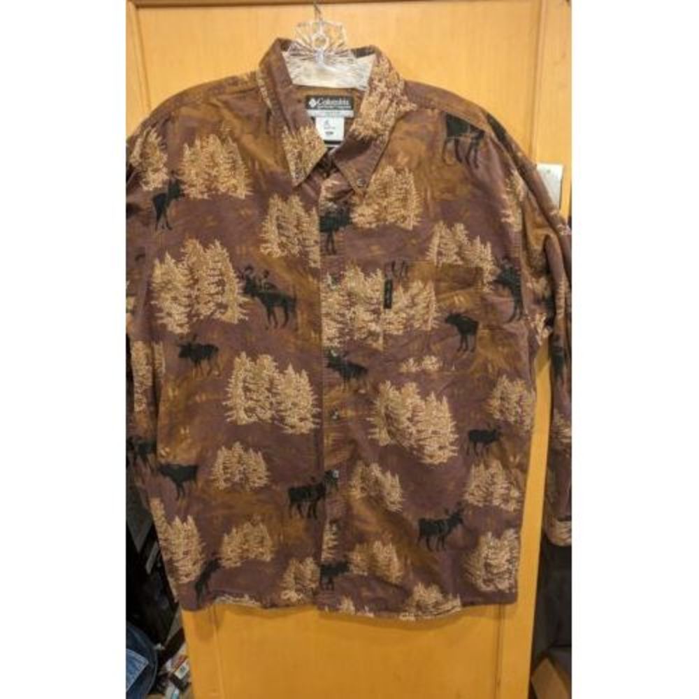 Columbia Men's Brown Button Down Long Sleeve Shirt Moose Print Size‎ XL